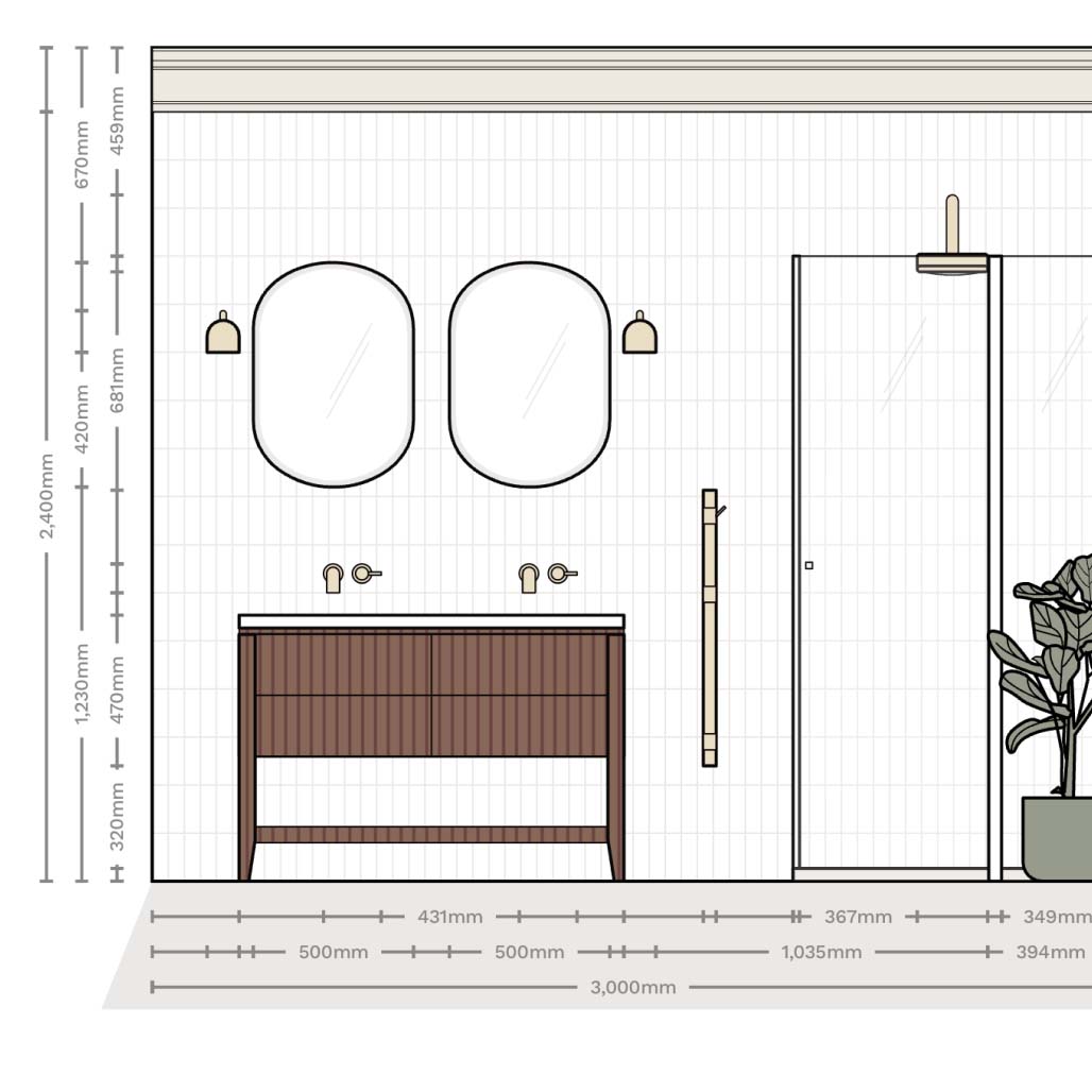A wall elevation from the bathroom..