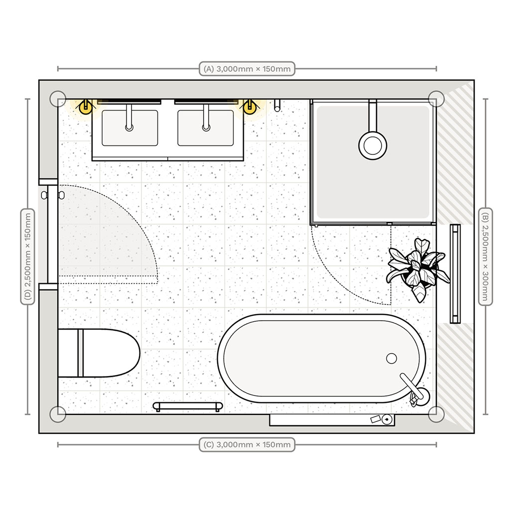 The floor plan / layout of the bathroom.